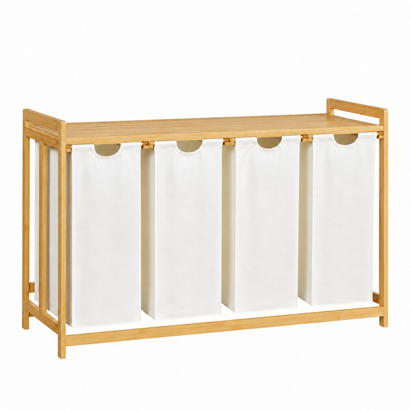 Panier à linge et tablette de rangement en bambou avec panier à linge à 4 compartiments, Blanc, 200L - 1-Tier