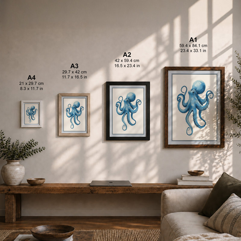 Blue Octopus Modern - Framed Print, A1 - 84.1 x 59.4 cm, Black