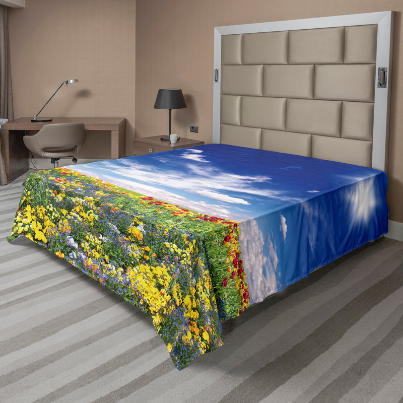 Ambesonne Colorful Top Flat Sheet Flowers Cloudy Sky Multicolor_13642, King Flat Sheet