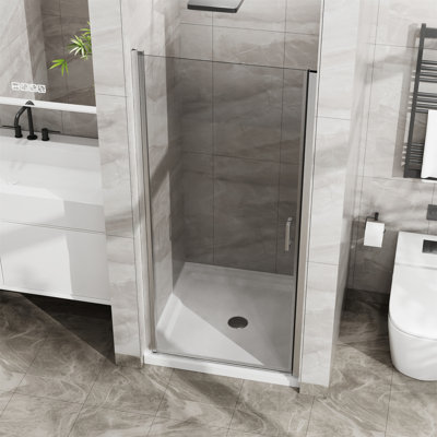 34"X 72" Pivot Shower Door Combo W/ 35.4" White Acrylic Shower Base Aluminum Finish, Semi-Frameless Tempered Clear Glass Design