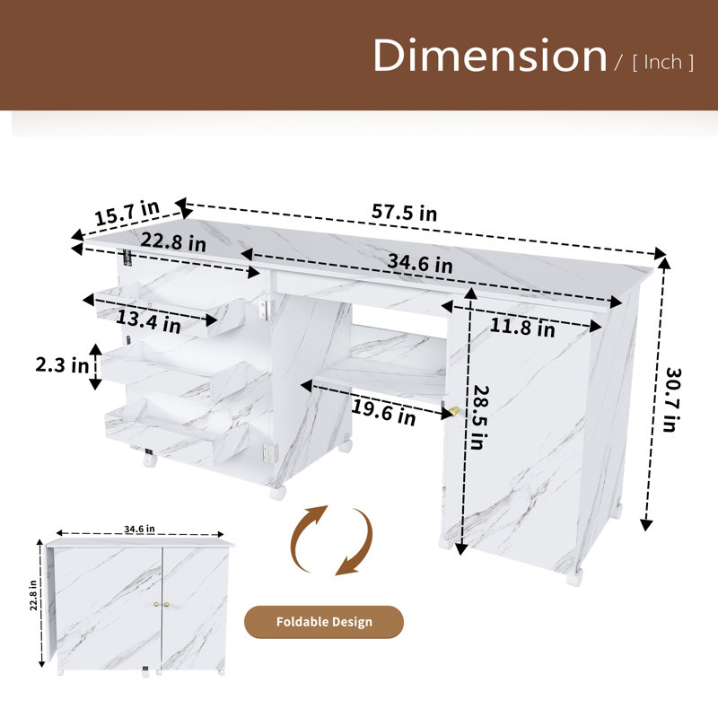 Table de machine à coudre pliable de 57,5 po avec roulettes verrouillables, station de bricolage avec tablettes, bacs et armoire, armoire de couture réglable pour la maison, la chambre à coucher et la salle de bricolage