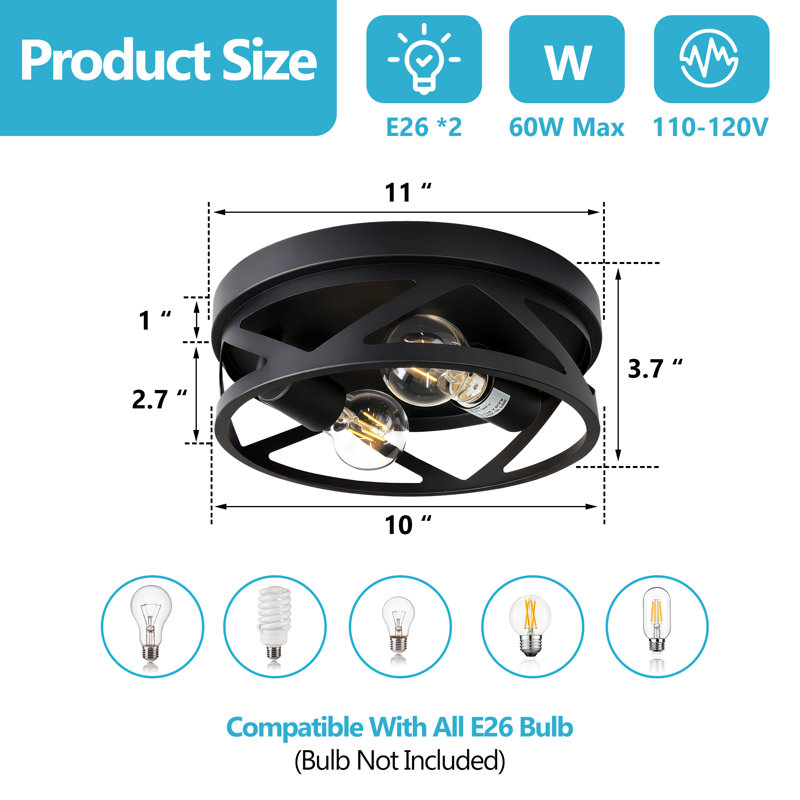 2-Pack Modern Geometric Crisscross Black Metal 2-light Flush Mount Ceiling Light(bulb Not Included)