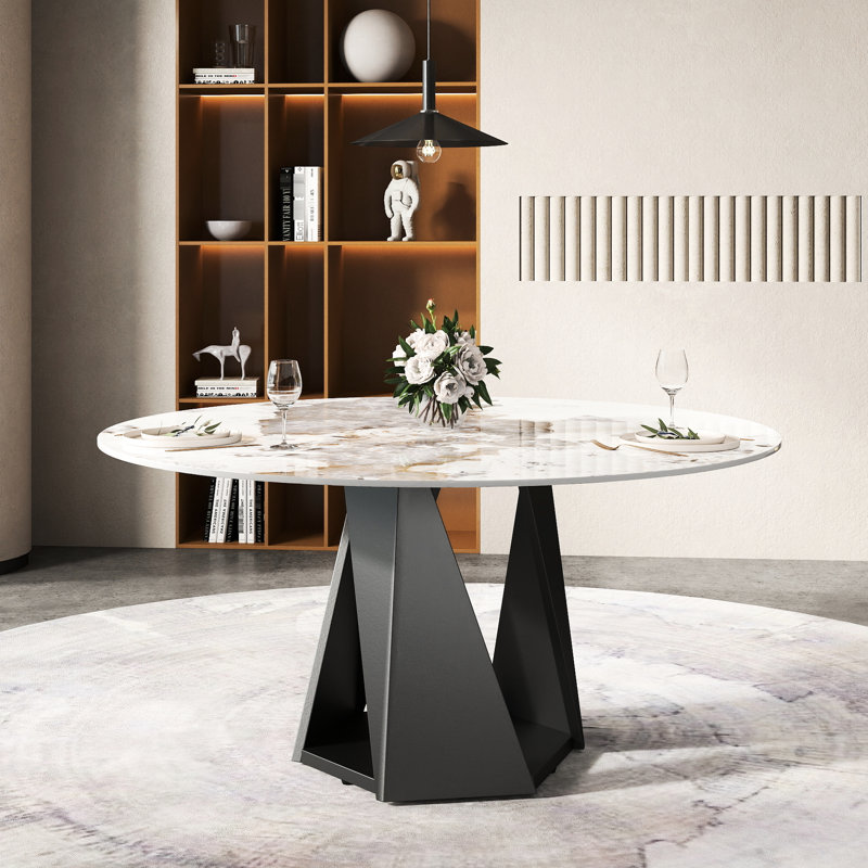 Table de salle à manger ronde 59,47 "avec base en fer noir et plateau en pierre frittée, blanc pour 6 à 8 places, aspect moderne