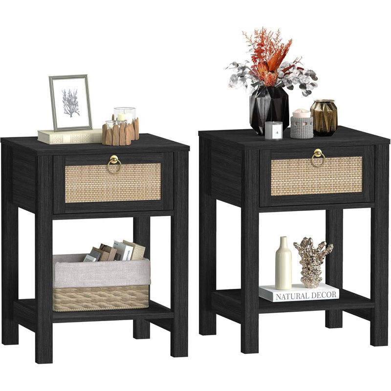 Nightstand Set Of 2,Rattan Decor Drawer With Brass Knobs Night Stand Wood Bedside Table Boho End Tables Side Tables With Storage Shelf
