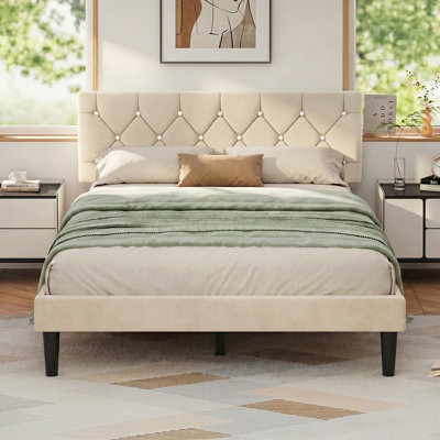 Double Size Velvet Upholstered Platform Bed Frame With Diamond Tufted Headboard, Strong Wood Slats Support, No Box Spring Needed, Easy to Assemble