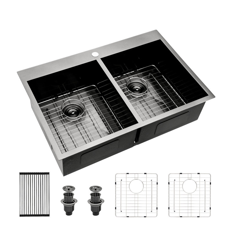 18 Gauge Stainless Steel Double Bowl Kitchen Sink - 33"X22" Gunmetal Black, Stable Structure 33X22 Steel, Functional Basin