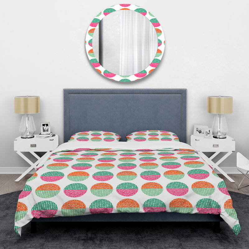 Pink and Green Circle Pattern - Abstract Duvet Cover Set - Microfiber Polyester, King Duvet Cover + 2 King Shams