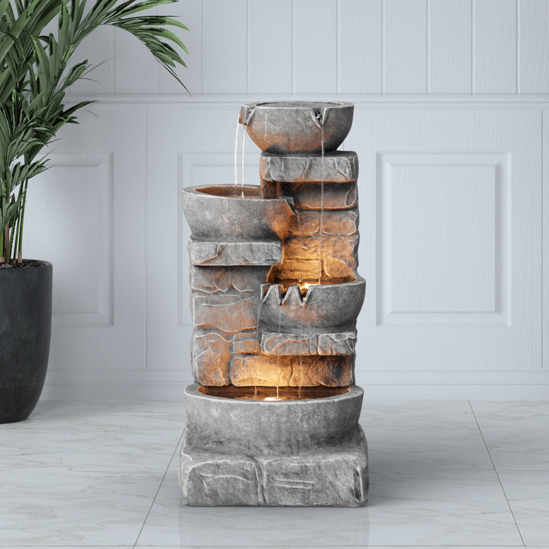 Fountains Weather Resistant Floor Fountain with Light, Gray