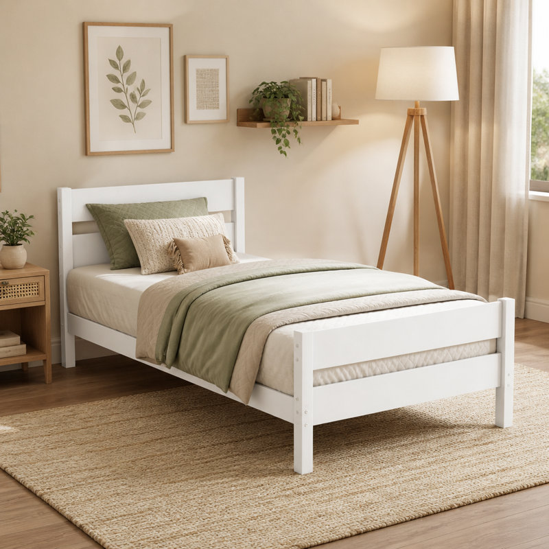 Structure de lit simple en bois d'hévéa massif avec tête et pied de lit à lattes, lit en bois robuste, aucun sommier requis