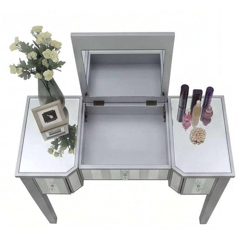 Ensemble de coiffeuse argentée avec miroir rabattable, armoire latérale extensible double, tabouret rembourré et plusieurs tiroirs pour chambre à coucher