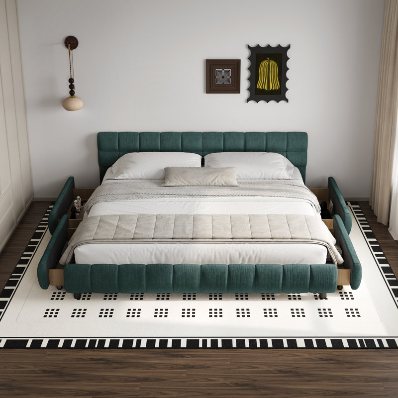 Structure de lit en chenille avec tête de lit et tiroir, Vert bleuté, Très grand