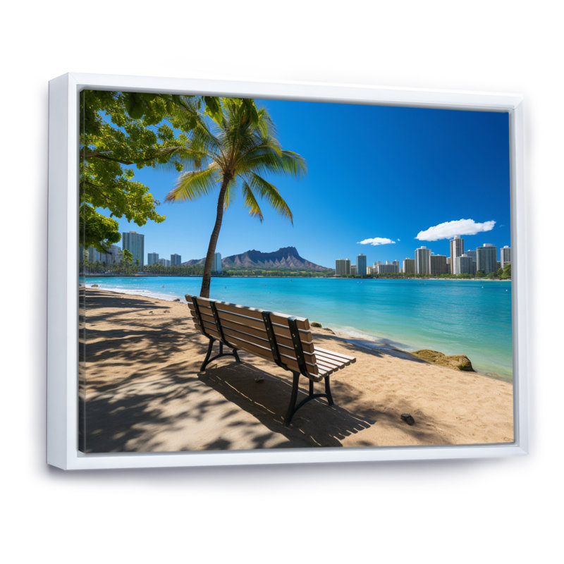 Paysage de plage hawaïenne, H 16 po x l 32 po x P 1 po, Cadre flottant blanc
