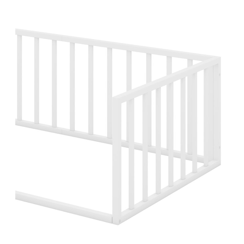 Structure de lit en métal avec clôture et porte, Blanc, King