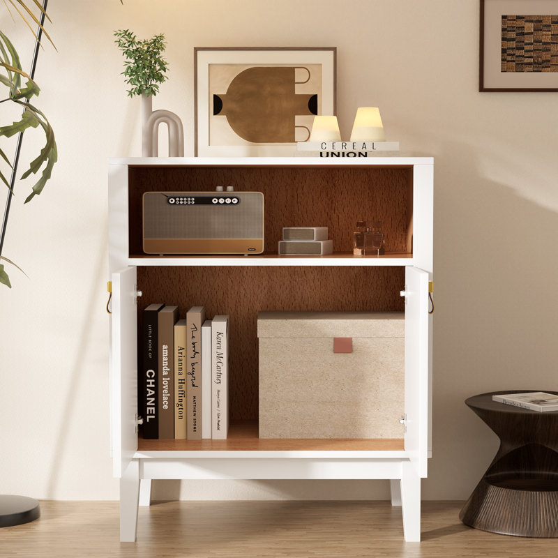 Cortize White 2-Door Accent Chest With Open Wood-Grain Shelf & Leather Pulls, White