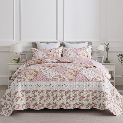 HoneiLife cherry blossom rain Pink Blended Quilting 3-Piece Queen Size Bedding sets