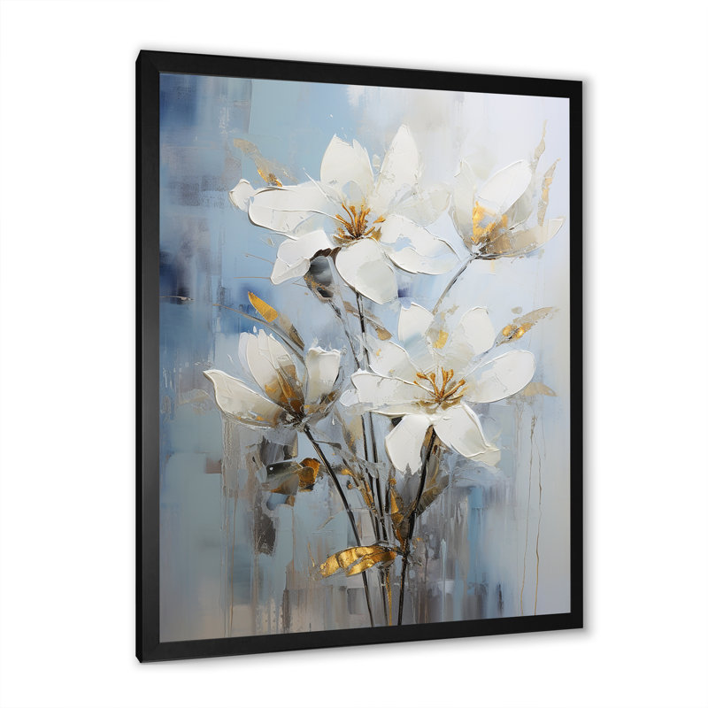 Lys blancs en fleurs, impression sur toile, Cadre simple noir, H 40 po x l 30 po x P 1,5 po