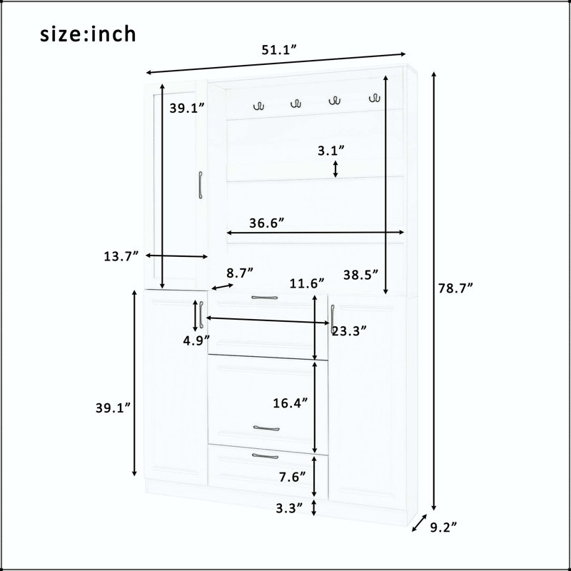 Banc de hall d'entrée 51,1 "avec armoire à miroir, siège pliable et 4 crochets