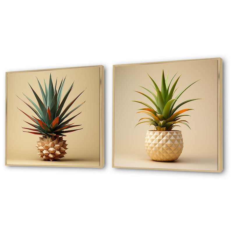 «Bauhaus Minimalisme Pineapples I», ensemble de 2 reproductions d'art sur toile, Cadre flottant brun