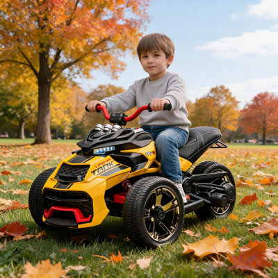 Motocyclette électrique à 3 roues pour enfant 12V 12V - double moteur de 55 W, 2 vitesses jusqu'à 7 MPH, lumières DEL, musique, klaxon et USB, pneus EVA / foulés, commande à distance par les parents, capacité de 66 lb pour les enfants de 3 à 8 ans