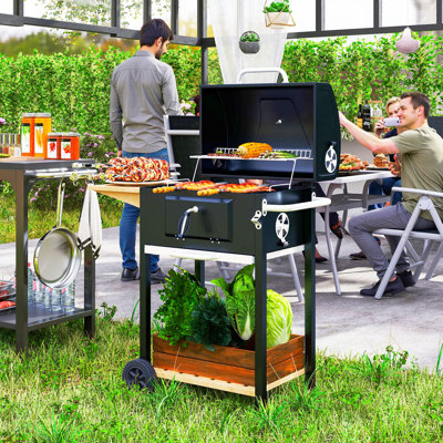 Charcoal BBQ Grill, Outdoor Portable Cooker for Camping or Backyard Picnic, Barbecue Grill with Side Table, Bottom Storage Shelf, Wheels and Handle, Black,wood