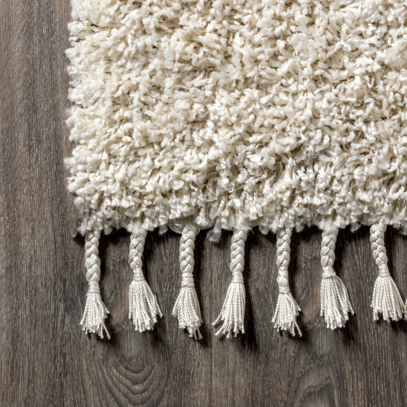 Felicdad Shag Plush Tassel Cream Rug, Runner 2'3" x 8'