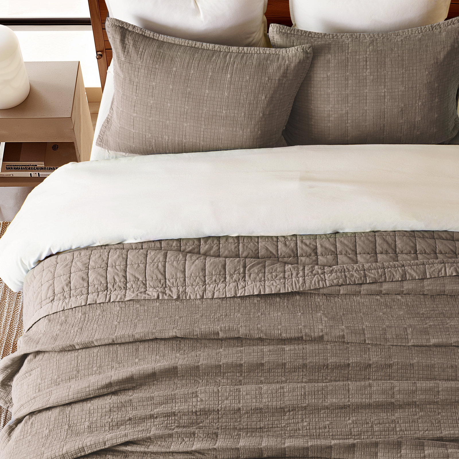 Crinkle Cotton Quilt Set, Mocha Brown, Queen Quilt + 2 Queen Shams