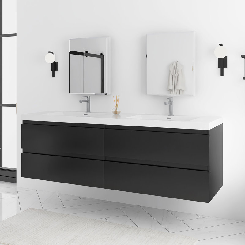 Meuble-lavabo flottant avec lavabo, Noir, noir, noir, noir