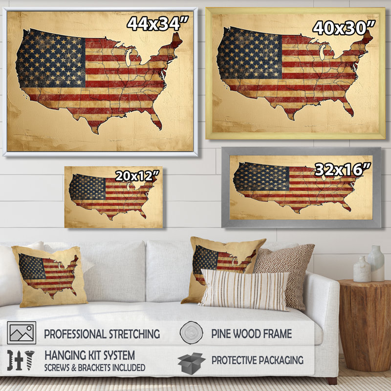 Art mural sur toile Laakkonen, drapeau rétro et carte des États-Unis, Toile tendue, H 16 po x l 32 po, Ne s’applique pas