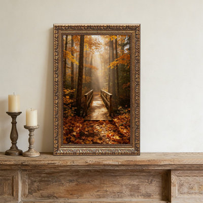 Pont de la forêt d'automne - Cadre mural vintage orné - Cadre décoratif doré pour œuvres d'art.