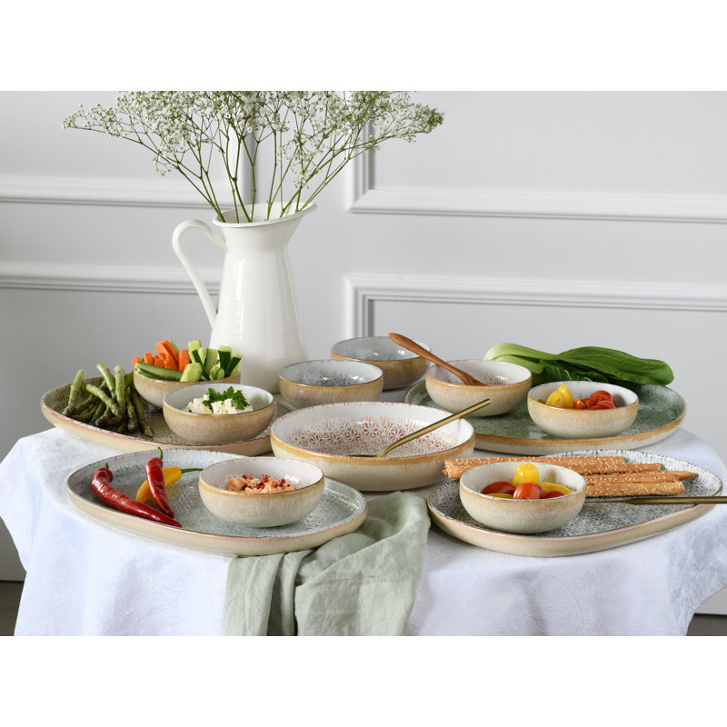 Uno Piece Stoneware Dinnerware Set - Service for 4, Blue/Beige/Ivory
