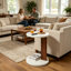Table d'appoint ronde blanche moderne avec pied central en noyer, petite table d'appoint en forme de C pour salon ou chambre.