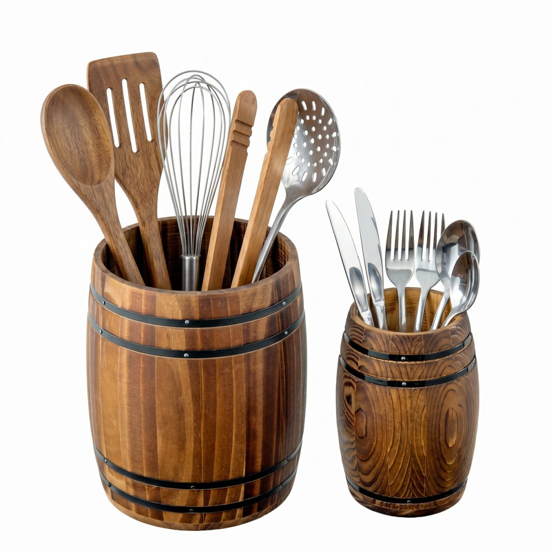 2-Piece Solid Wood Kitchen Utensil Holder Crock