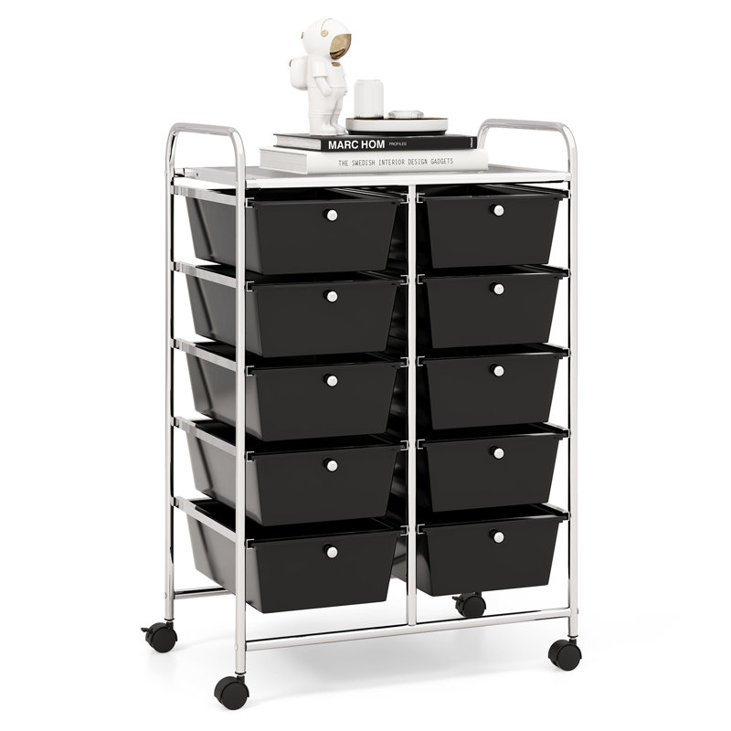 Nally 10 Drawer Storage Drawer with Locking Wheels, Black/Silver