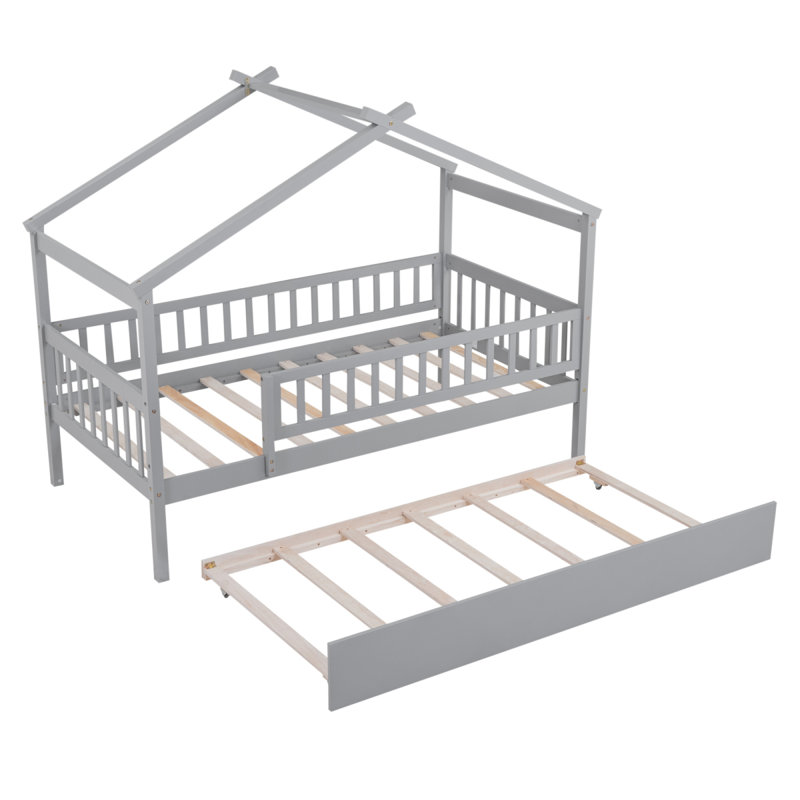 Lit simple en bois avec lit gigogne simple, gris, Gris