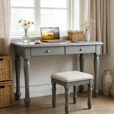 American Light Luxury Blue-Grey Rubberwood Solid Wood Desk, Home Bedroom 2-Drawer Storage Computer Writing Desk & Stool Combo Set
