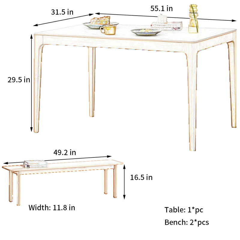 Ensemble de table de salle à manger Beech Slate, H 29,5 po x L 55,1 po x l 31,5 po