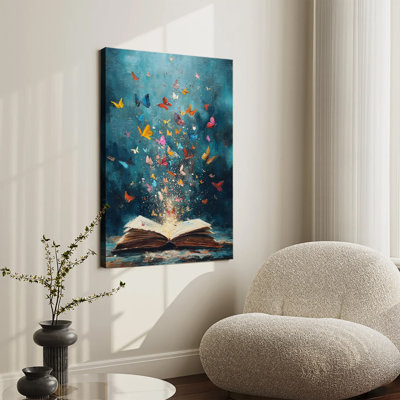 Livre magique ouvert avec papillons colorés, impression sur toile tendue sur châssis pour salon ou chambre