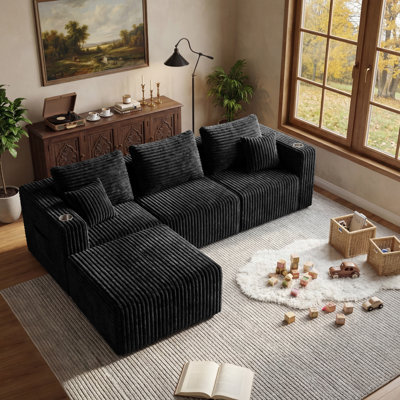 104" Wide Modern Compression Modular Corduroy Sectional Sofa, L-Shaped Couch With Left/Right Arms, Middle Seat And Ottoman, 5 Throw Pillows Included, No Assembly Required, For Living Room