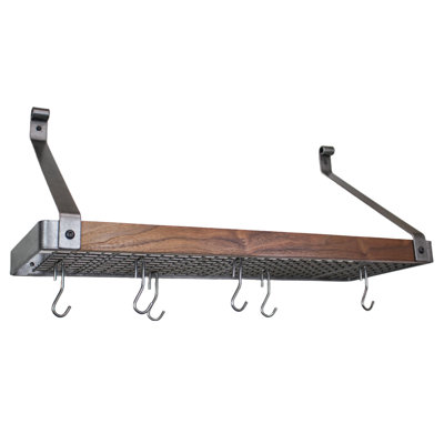 Signature 36" Gourmet Deep Bookshelf Wall Rack Hammered Steel w Walnut & 18 Hooks
