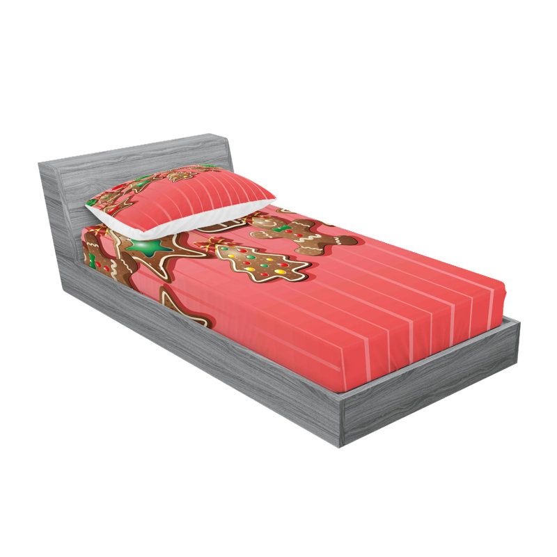 Ambesonne Gingerbread Man Fitted Sheet & Pillow Sham Multicolor, Twin Extra Long Sheet Set + 3 Additional Pieces