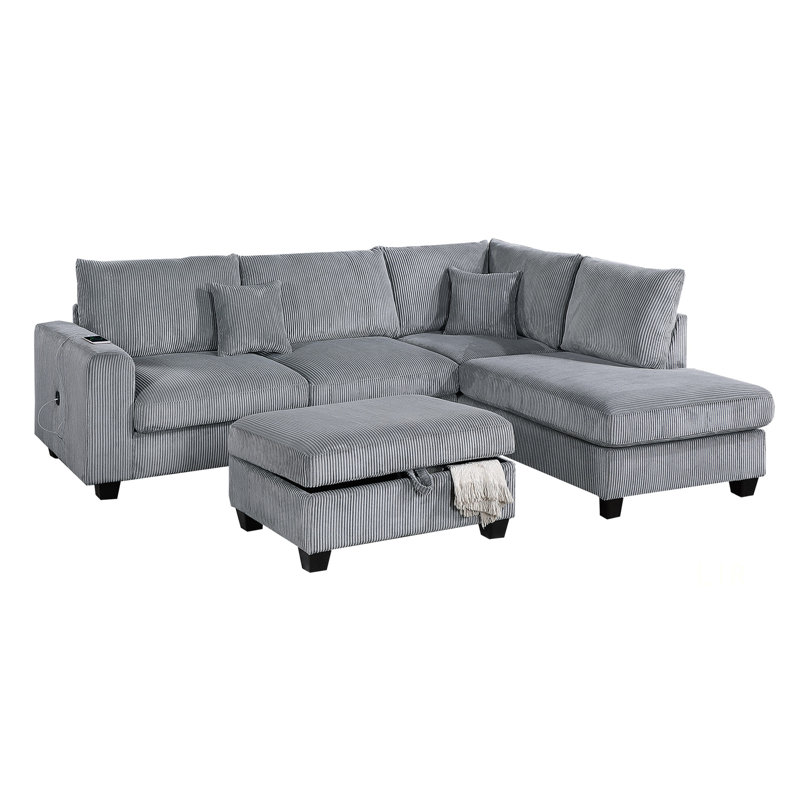 Contemporary 3Pc Sectional Set With Corduroy Couch, Laf Sofa, RAF Chaise, Ottoman For Comfortable Living, Fog