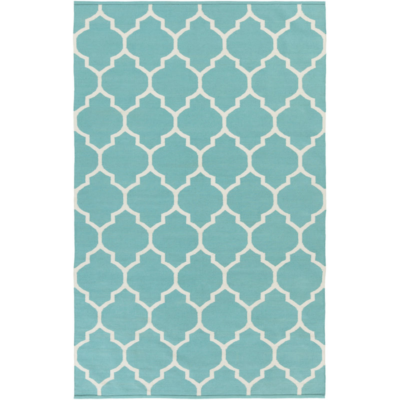 Tapis bleu sarcelle / ivoire en coton tissé à plat à la main Bethy, Rectangle 8 pi x 10 pi