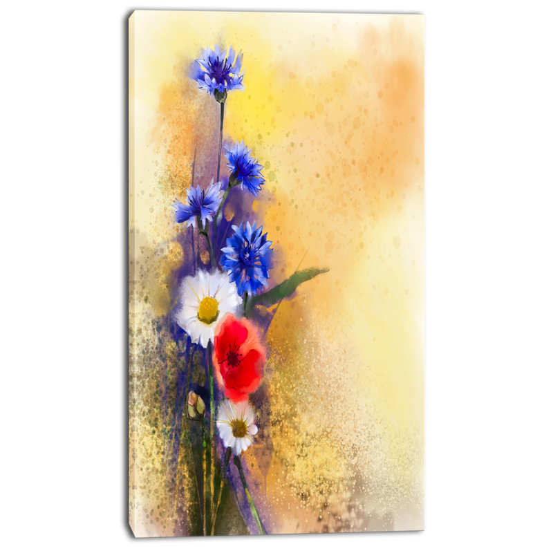 « bouquet of bleuet et marguerite », reproduction d’art sur toile tendue, H 32 po x l 16 po x P 1 po