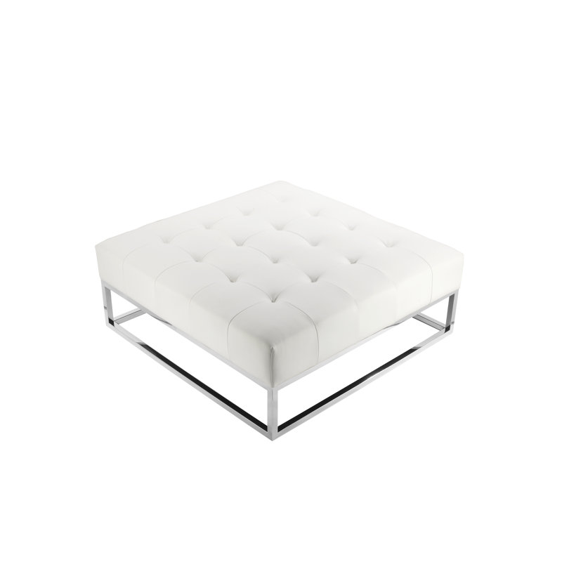Lusso Upholstered Ottoman, White Faux Leather, Gold