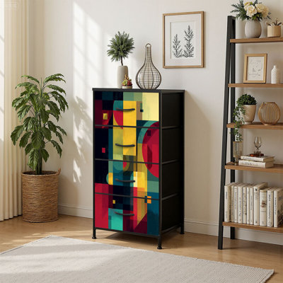 4 Drawer Vertical Storage Dresser Abstract art hand geometric for poster wall decoration cover with Wood Top Fabric Pull Drawers