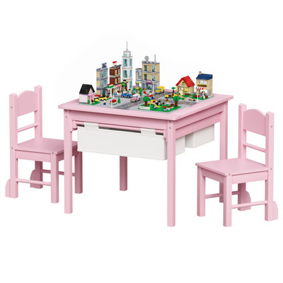 Table de jeu pour enfants 4 en 1, bureau d'activités en bois pour tout-petits, table de jeu de construction avec tableau noir et tiroir coulissant en tissu, plateau de table réversible pour briques, dessin, lecture et repas