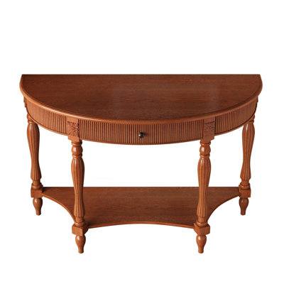 Solid Wood Half Moon Console Table, Fluted Entryway Table with Drawer & Shelf, Rustic Brown Vintage Sofa Table