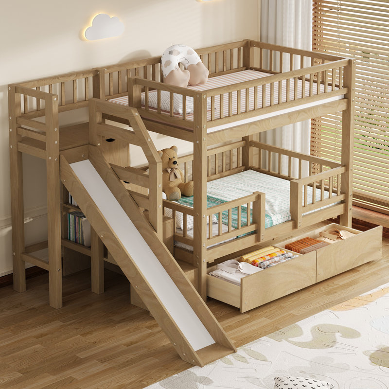 Twin over Twin Bunk Bed with Slide, Storage Staircase & 2 Drawers – Space-Saving Kids Bed, Walnut, Walnut