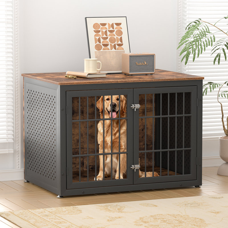 42 Inch Rustic Heavy Duty Dog Crate Furniture, Decorative Pet House End Table, Wooden Cage Kennel Furniture Indoor for Extra Large Dogs