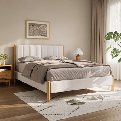 Modern Queen Upholstered Platform Bed with Boucle Headboard and Rubberwood Legs